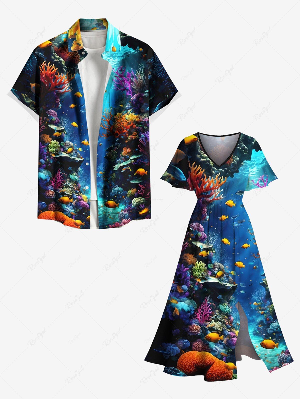 Contrastant Imprimé Poisson Grande Taille Costume de Plage pour Couples Bleu 