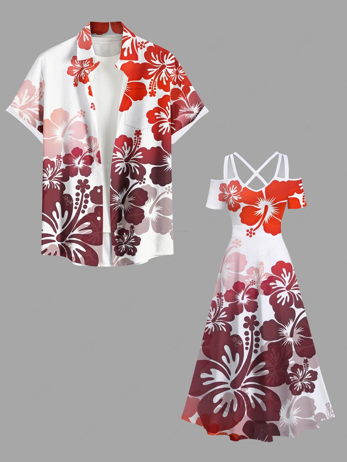 Tenue de Plage à Imprimé Fleurs Tropicales D'Hibiscus Grande-Taille pour Couples Rouge 