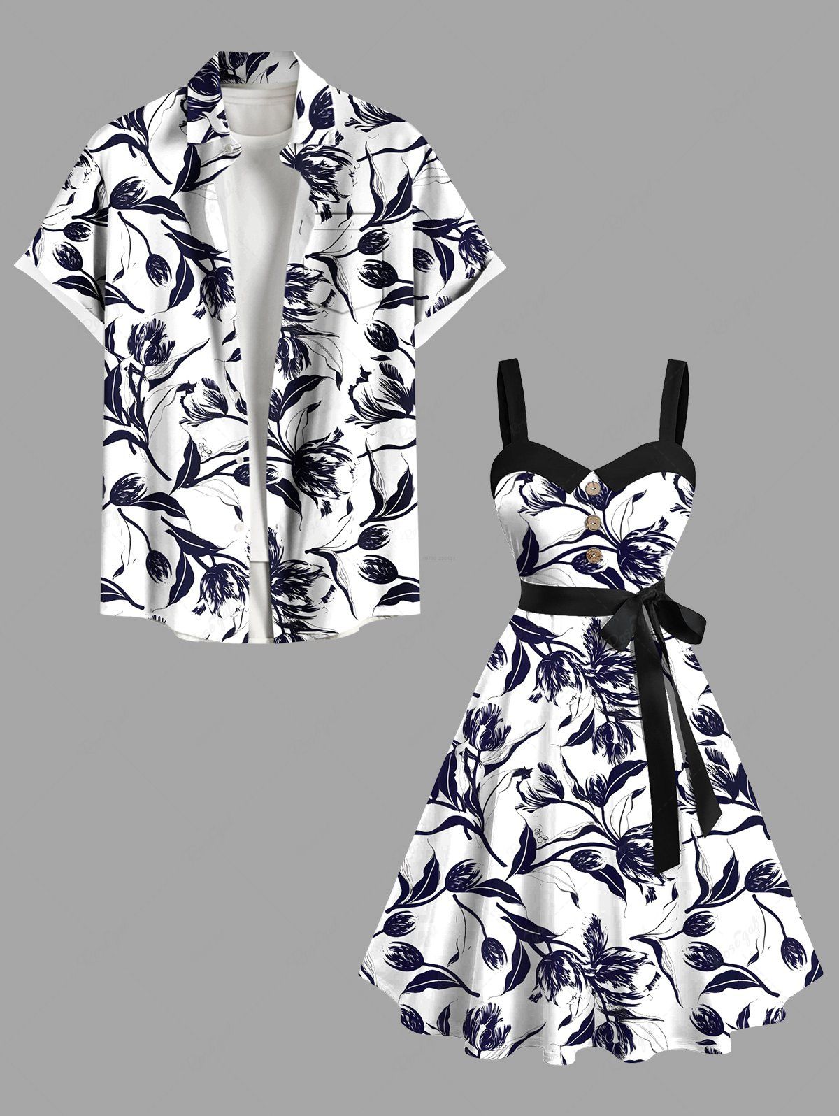 Costume de Plage Grande Taille Imprimé à Fleurs et Feuilles Assorti Noir 