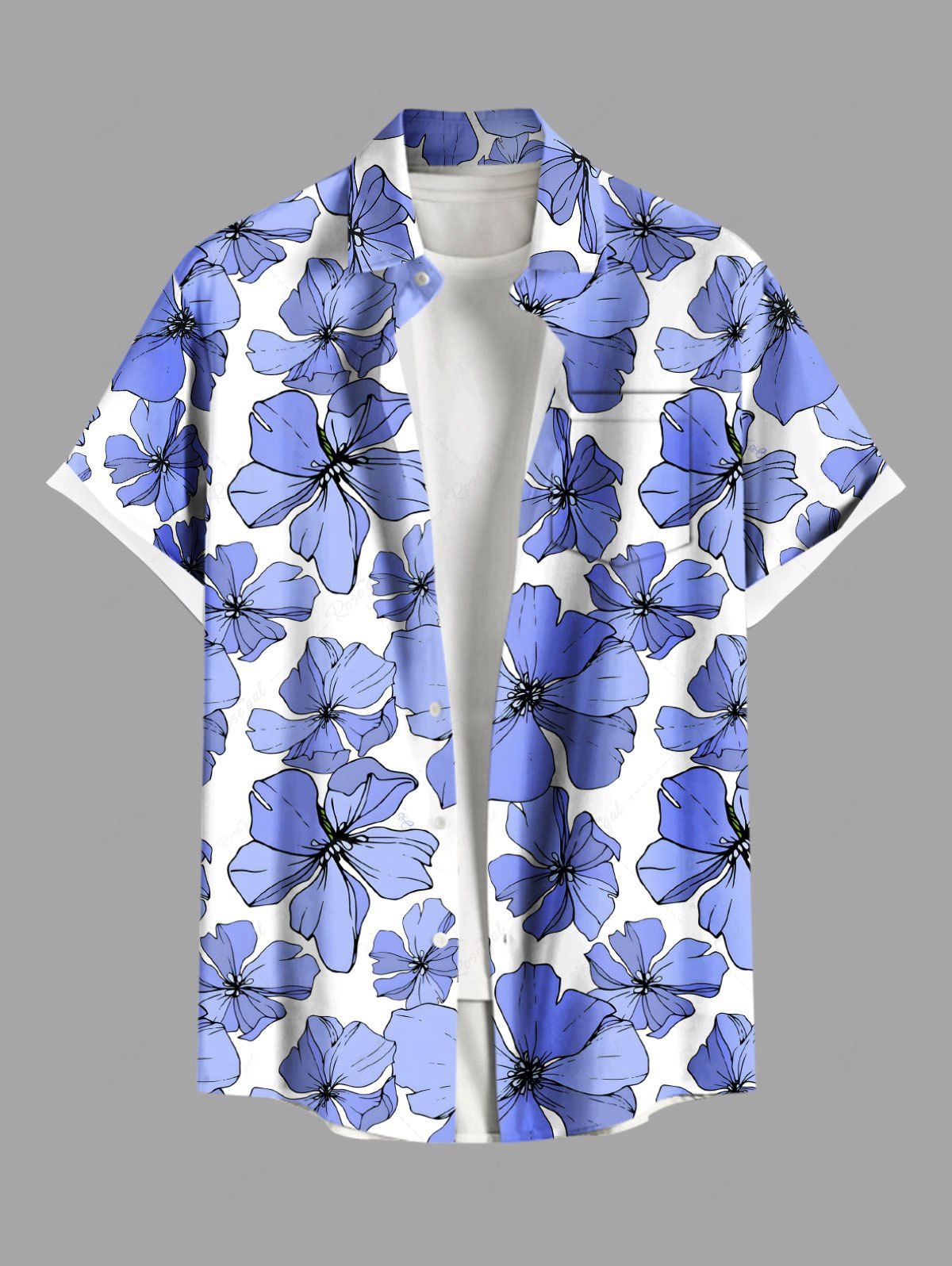 Store Plus Size Flowers Print Buttons Pocket Hawaii Shirt For Men  