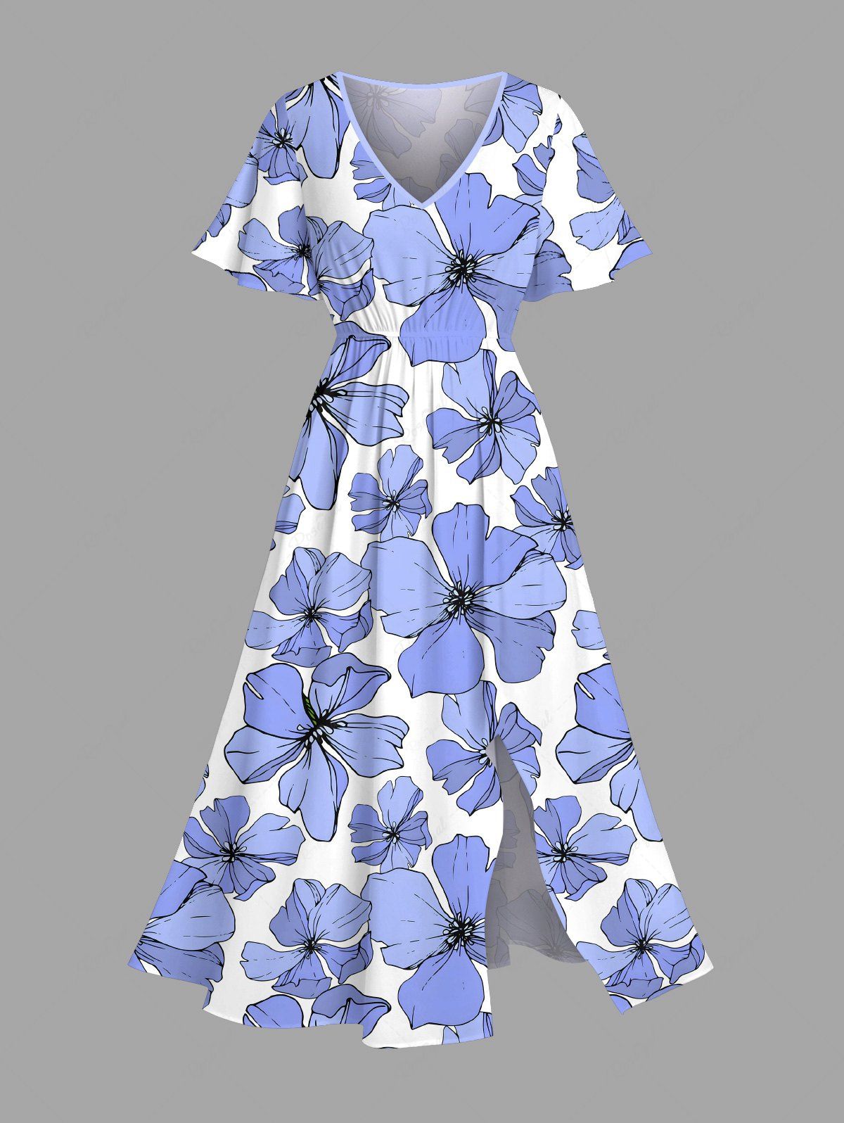 Unique Plus Size Flowers Print Split Hawaii Midi Dress  