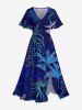 Tenue de plage hawaïenne assortie grande taille à imprimé feuilles tropicales de cocotier pour couples - Bleu profond 