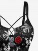 Maillot de Bain Tankini Fleur Rose Etoile et Crâne Imprimées Panneau en Dentelle de Grande Taille - Noir 6X