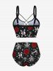 Maillot de Bain Tankini Fleur Rose Etoile et Crâne Imprimées Panneau en Dentelle de Grande Taille - Noir 6X