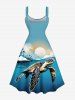 Plus Size Coconut Tree Sea Turtle Sun Cloud Ombre Sky Print Hawaii Sea Creatures Lace Up A Line Tank Dress -  