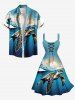 Plus Size Coconut Tree Sea Turtle Sun Cloud Ombre Sky Print Hawaii Sea Creatures Lace Up A Line Tank Dress -  