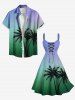 Plus Size Coconut Tree Dip Dye Ombre Print Hawaii Lace Up A Line Tank Dress -  
