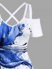 Maxi Robe Hawaïen Croisée Fleur Peinture Eclaboussée Imprimée à Epaule Dénudée de Grande Taille - Blanc 1X