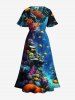 Robe Mi-Longue Bouclée à Imprimé Créature de Mer et Corail Grande-Taille - Bleu 6X