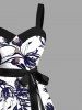 Robe Trapèze Ceinturée Fleur et Feuille Imprimés de Grande Taille à Col Relevé avec Boutons - Noir XS