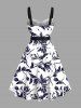Robe Trapèze Ceinturée Fleur et Feuille Imprimés de Grande Taille à Col Relevé avec Boutons - Noir XS