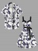 Plus Size Flowers Leaf Print Buttons Turn Down Collar Hawaii Dress With Belt -  
