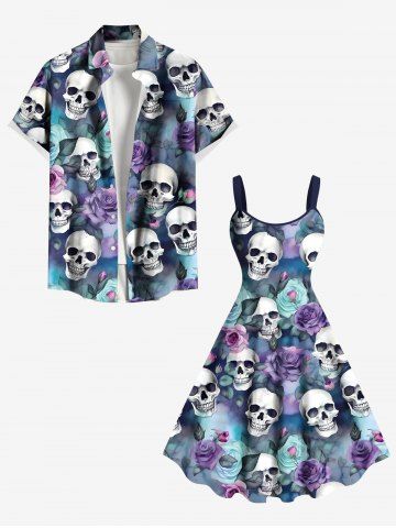 Skull Ombre Rose Flower Print Plus Size Matching Hawaii Beach Outfit For Couples - LIGHT BLUE