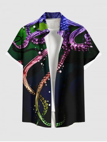 Plus Size Colorful Octopus Bubble Seabed Print Hawaii Button Pocket Shirt For Men - BLACK - XL