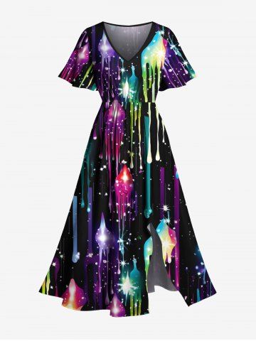 Plus Size Glitter Galaxy Stars Colorful Paint Drop Print Hawaii Split Pocket A Line Midi Dress - BLACK - M