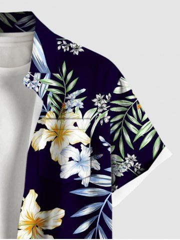 Plus Size Lily Flower Leaf Branch Print Hawaii Button Pocket Shirt For Men