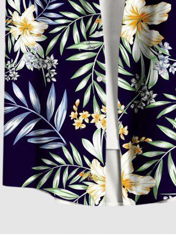 Plus Size Lily Flower Leaf Branch Print Hawaii Button Pocket Shirt For Men
