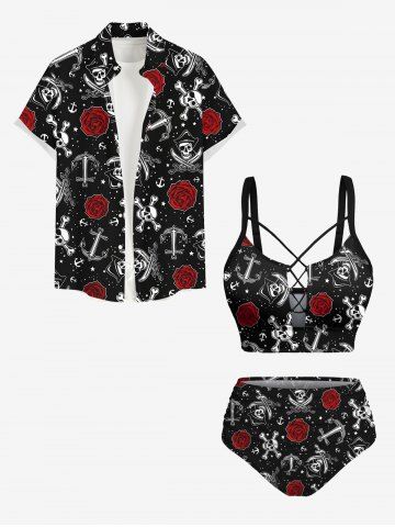 Costume de Plage Grande Taille Imprimé Rose Pirate et Fleurs pour la Plage