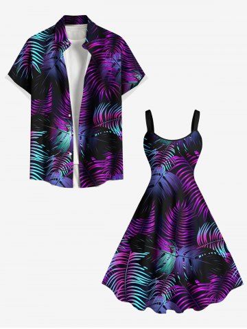 Colorful Tropical Leaf Print Plus Size Matching Hawaii Beach Outfit For Couples