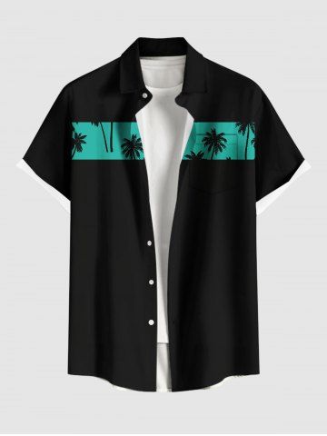 Plus Size Coconut Tree Colorblock Print Buttons Pocket Hawaii Shirt For Men - BLACK - 3XL
