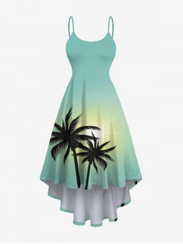 Plus Size Coconut Tree Sun Ombre Print High Low Hawaii Cami Dress - LIGHT GREEN - M