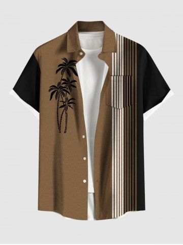 Plus Size Coconut Tree Stripes Colorblock Print Buttons Pocket Hawaii Shirt For Men - COFFEE - XL