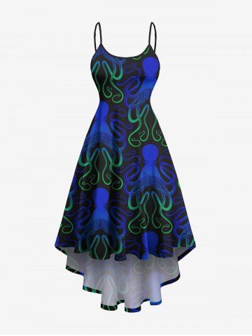 Plus Size Ombre Octopus Print Hawaii High Low Asymmetric Cami Dress - BLACK - 1X