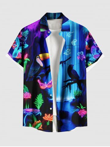 Plus Size Glitter Neon Floral Plant Parrot Butterfly Fall Print Hawaii Ombre Button Pocket Shirt For Men - BLUE - M