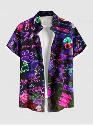 Plus Size Glitter Neon Ombre Heart Rose Flower Dog Balloon Flamingo Dinosaur Print Hawaii Button Pocket Shirt For Men
