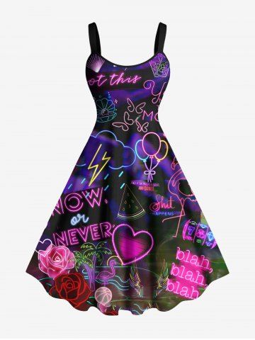 Plus Size Glitter Neon Ombre Heart Rose Flower Balloon Flamingo Coconut Tree Butterfly Print Hawaii A LIne Tank Dress - BLACK - 4X