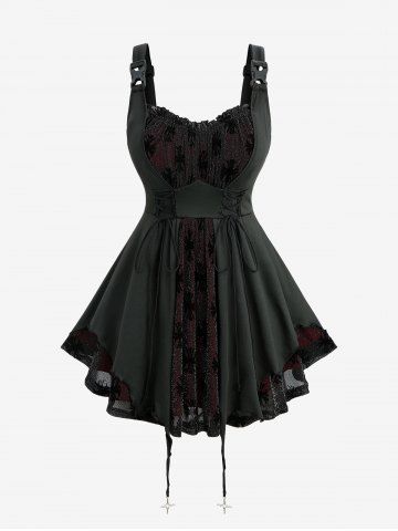 Plus Size Silver Flocking Mesh Lace Up Ruffles Ruched Cross Asymmetrical Tank Top - BLACK - 5X | US 30-32