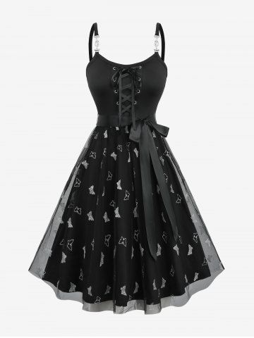 Glitter Silver Hot Stamping Butterfly Print Mesh Lace Up A Line Cami Dress with Removable Belt - BLACK - L
