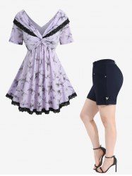 Haut Torsadé à Col Convertible avec Poches à Imprimé Floral et Short Bouclé Couleur Unie Grande-Taille - Pourpre  