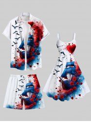 Costume de Plage Grande Taille Imprimé Peinture Rose et Oiseaux pour Couples - Blanc 