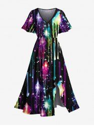 Plus Size Glitter Galaxy Stars Colorful Paint Drop Print Hawaii Split Pocket A Line Midi Dress -  