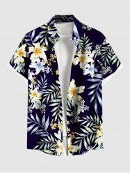 Plus Size Lily Flower Leaf Branch Print Hawaii Button Pocket Shirt For Men -  