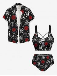 Costume de Plage Grande Taille Imprimé Rose Pirate et Fleurs pour la Plage - Noir 