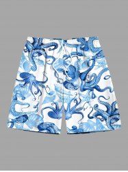 Short de Plage Hawaïen Tissé avec Imprimé Pieuvre Coquillages et Etoiles de Mer Grande-Taille pour Hommes - Bleu Ciel 4XL