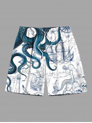 Plus Size Octopus Sailboat Starfish Mermaid Cruise Print Hawaii Beach Shorts For Men -  