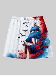 Plus Size Rose Flower Sailboat Bird Tie Dye Cruise Print Hawaii Drawstring Beach Shorts For Men -  