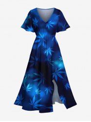 Robe Mi-Longue Linge A Fendue Feuille D'Erable Ombre Imprimée de Grande Taille avec Poche - Bleu profond S