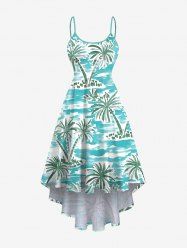 Plus Size Coconut Tree Sea Waves Watercolor Print High Low Hawaii Cami Dress -  
