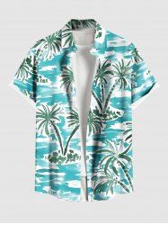 Plus Size Coconut Tree Sea Waves Watercolor Print Buttons Pocket Hawaii Shirt For Men -  