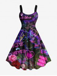 Plus Size Glitter Neon Ombre Heart Rose Flower Balloon Flamingo Coconut Tree Butterfly Print Hawaii A LIne Tank Dress -  