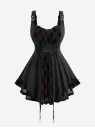 Plus Size Silver Flocking Mesh Lace Up Ruffles Ruched Cross Asymmetrical Tank Top -  