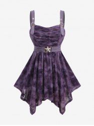 Plus Size Pine Tree Butterfly Print Starfish Buckle Ruched Asymmetrical Tank Top -  