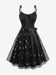Robe caraco trapèze à lacets en maille à imprimé papillon argenté pailleté et ceinture amovible - Noir L