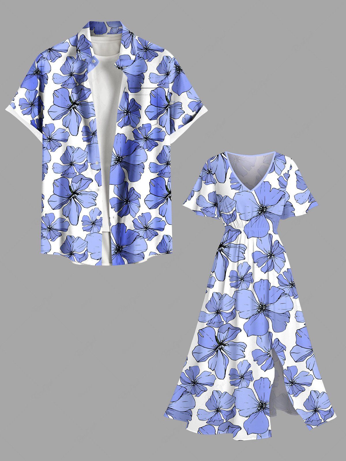Costume de Plage Grande Taille Imprimé à Fleurs Assorti pour la Plage Bleu 