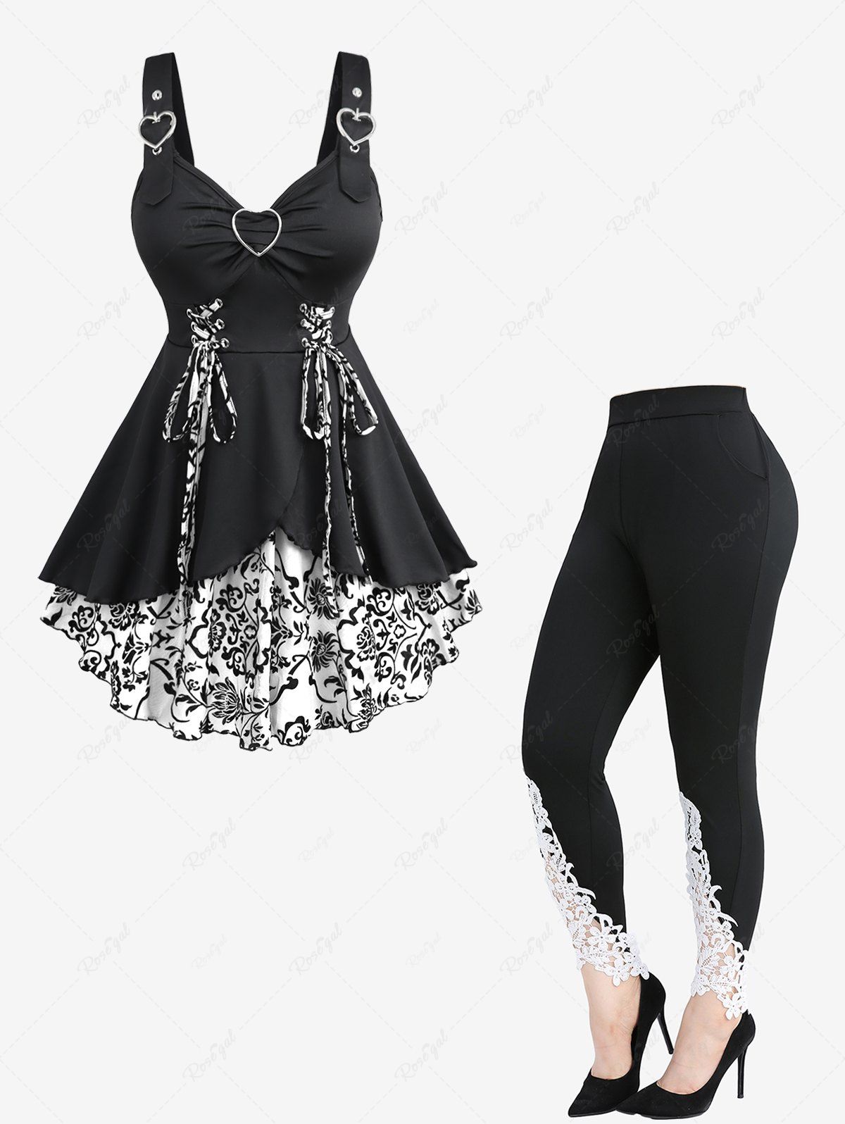Buy Floral Flocking Lace Up Tulip Hem Tank Top and Appliques Leggings Plus Size Outfit  