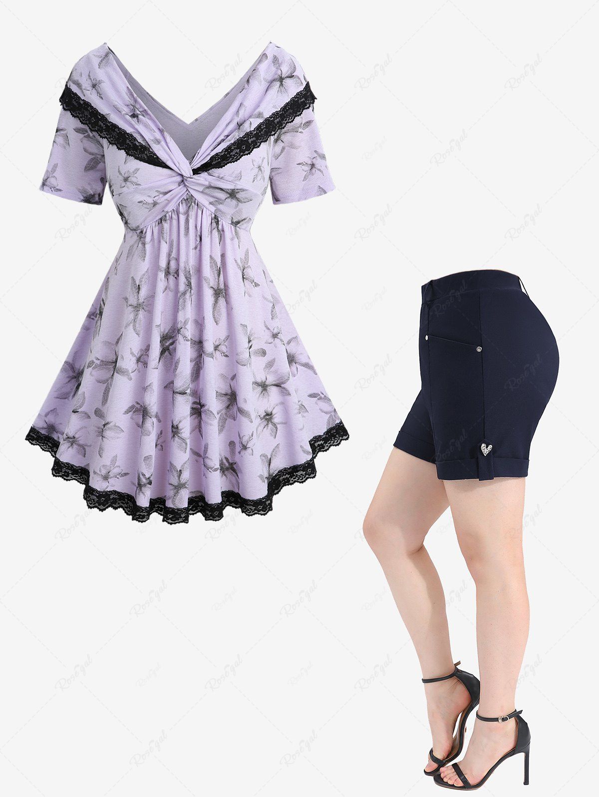 Haut Torsadé à Col Convertible avec Poches à Imprimé Floral et Short Bouclé Couleur Unie Grande-Taille Pourpre  